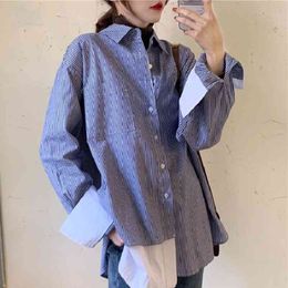 Spring Street Style Oversize Long Women Blouse Tunic Shirt Striped Fake Two Pieces Ladies Shirts Button Loose Female Tops 210521