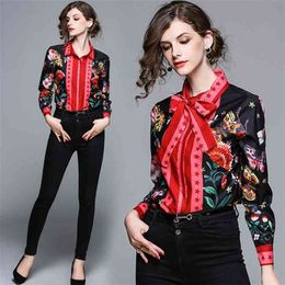 Black Vintage Printed Blouse Women Fashion Casual Loose Plus Size Runway Shirt Bow Decoration Office Lady Elegant Tops 210520