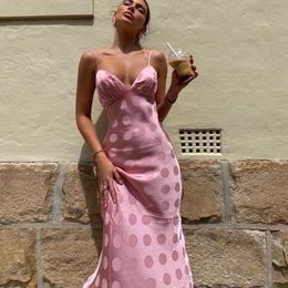 Polka Dot Vintage Women Sleeveless Satin Pink Strap Summer Boho Beach Midi Backless Silk Dress 210415