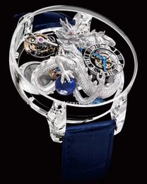 Luxury Watches Astronomia Sky Silver Dragon Swiss Quartz Mens Watch Pave Piece Unique Fully Transparent Glass 3D Engraving Leather Strap Gents Wristwatches