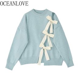 Women Sweaters Bow Sweet Kawaii Japan Style Four Colors Mujer Sueteres Lace Up Autumn Winter Pullovers Retro 19550 210415