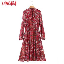 Tangada Spring Fashion Women Flowers Print Chiffon Dress Long Sleeve Strethy Waist Casual Midi Dress 8H58 210609
