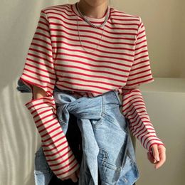 Korejpaa Woman T-shirt Korean Chic Joker O-neck Contrasting Stripes Loose Design Hollow Long Sleeve Tees Top Female Fashion 210526