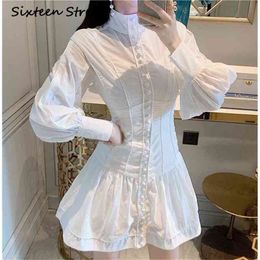 Autumn White Single-breasted Dress Female Stand Collar Solid Patchwork Elegant Party Vestido Woman Runway Full 210603