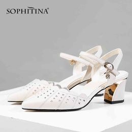 SOPHITINA Fashion Sandals Women Cow Leather Metal Decoration High Square Heel Elegant Buckle Strap Shoes Casual Sandals SO448 210513