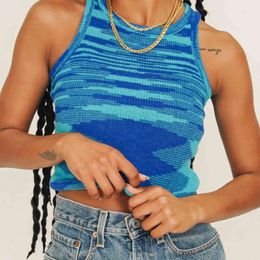 Knitted Crop Top Women Sleeveless Y2K Basic T Shirts Casual Summer Off Shoulder Blue O Neck Tank Top Vintage Tie Dye Cloth 210521