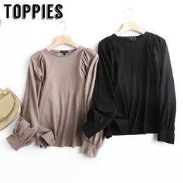 Toppies New Arrival Black Coffee Lantern Sleeve Shirt Tops Women Casual Pure Color Shirts 210412
