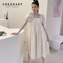 Puff Sleeve Summer Dress Short Square Neck Long Midi Women A Line Sundresses Korean Fashion 210427