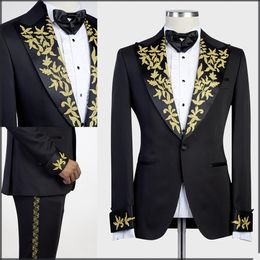 Black Mens Tuxedos Gold Appliques Groom Slim Fit Wedding Blazer Suits Formal Prom Party Pants Coat Jacket 2 Pieces
