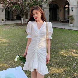 White Ruched Embroidery Hollow out cotton Dress Women Drawstring Short Sleeve Mini Party Solid Basic Skinny Casual 210529