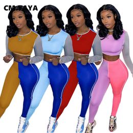 CM.YAYA Two 2 Piece Set Women Fall Winter Fitness Outfits Patchwork Top + Jogger Pants Suits Overalls Street Active Tracksuit Y0625