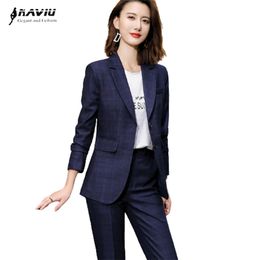 Navy Blue Plaid Suit Higt Eed Formal Interview Business Slim Blazer And Pants Office Ladies Fashion Work Wear Black 210930