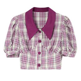 Women Plaid Shirt Turn Down Collar Single-breasted short cropped sleeve fuchsia yellow red 210514
