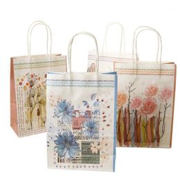 Gift Wrap 10PCS Printed Flower Kraft Paper Bag Watercolour Festival With Handles Wedding Birthday Party 21x15x8cm