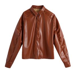 Novalya Casual Fold Turn Down Collar Blouses Women Fashion Brown PU Leather Shirts Elegant Long Sleeve Tops Female Ladies Women's &