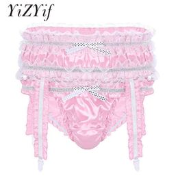 YiZYiF Underwear Men Sissy Panties Lingerie Shiny Satin Ruffled Frilly Low Rise Stretchy Briefs with Garters panties Sexy Men H1214