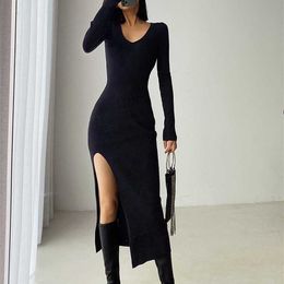 spring and winter sexy French slit sweater dress female slim tight-fitting hip-knit over-the-knee dresses 211110