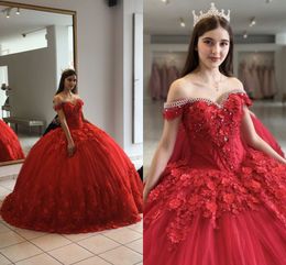 Floral 3D Flowers Lace Pearls Quinceanera Sweet 16 Dresses Off The Shoulder Beading Tulle Ball Gown Prom Formal Dress Young Women