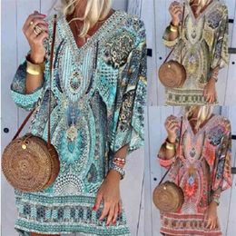 Summer Fashion Bohemian Print Loose Dress V-Neck Half Sleeves Vintage Printing Beach Style Mini Women Femme Robe 210517