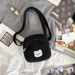 Women Plush Crossbody Bag Cute Embroidered Bear Small Messenger Adjustable Strap Shoulder Bag For Young Girl