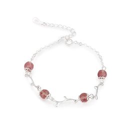 Link, Chain Silver Plated Natural Strawberry Crystal Bracelet Ladies'Explosive Flower Branch Peach Jewelry