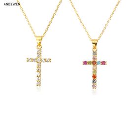 ANDYWEN 925 Sterling Silver Gold Clear Zircon Cross Pendant Necklace Long Chain Luxury Clip Wedding Rock Punk Sunmmer Choker