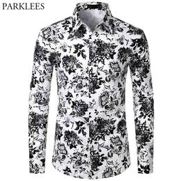 Black and White Floral Men Shirt Casual Slim Fit Flowers Shirts for Men Fashion Elegant Mens Shirts Long Sleeve Camisas Hombre 210524