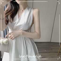 Backless Sexy Dressses for Women Sleeveless Elegant Solid Dress Party Evening Dress Korean Summer Bandage Design 210521