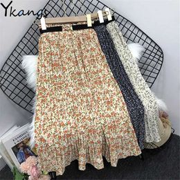 Woman Chiffon Pleated Skirt With Belt Summer Korean Temperament Gentle Vintage Floral Slim Versatile High Waist Female Skirt 210619