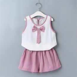 Summer Infant Rompers Baby Clothes Sleeveless O Neck Bow T-shirt Pink Solid Shorts Girls Costume 210629