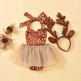 Infant Baby Girl Deer Bodysuits Dress Sleeveless Strap Jumpsuits Lace Mesh Backless Sunsuit Christmas Antlers Headband Set G1221