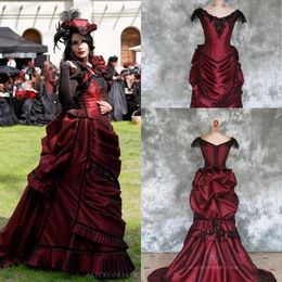 Borgogna Goth Victorian Bustle Abiti da sposa 2022 Vintage Beaded Lace-Up Back Corsetto Top Gothic Bride all'aperto Abito da sposa