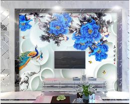 Wallpapers Custom Po Wallpaper 3d Mural For Walls 3 D HD Blue Peony Peacock Background Flowers Wall Papers