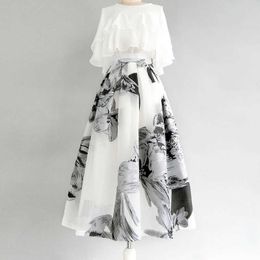 Plus Size Elegant Retro White Ruffled Chiffon Blouse Short Seeve Tops Loose Big Swing Ink Painting Skirts Matching Sets Fashion 210610