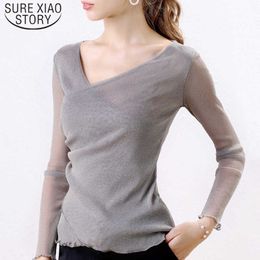 Casual Fashion Long Sleeve Plus Size Mesh Backing Shirt Women Tops V-Neck Solid Regular Full Regular Women Shirts 5903 50 210527