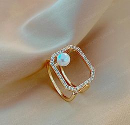 Krean Style Pearl Ring Geometric Square Hollow Crystal Rings Double Layered Opening Ring Girls Party Unusual Jewelry Gift