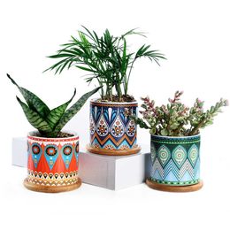 Sun-E Set of 3 Succulent Plant Pots, 3.15 Inch Round Cactus Ceramic Planters with Bamboo Trays & Drainage Hole Mandalas Pattern 210712