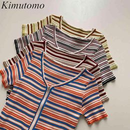 Kimutomo V-neck Striped Knitted T-shirt Women Korean Summer Fashion Female Short Sleeve All Matching Zipper Slimming Short Top 210521