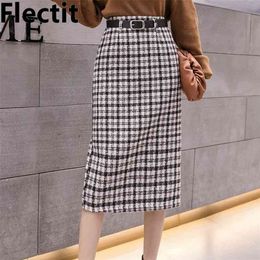 Flectit Vintage Plaid Belted Tweed Skirt Women Midi Long Thick Wool High Waist A-Line Business Work Outfits * 210330