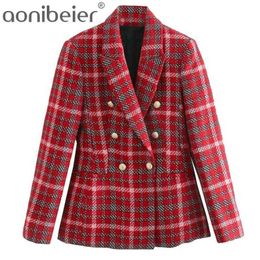 England Style Vintage Plaid Double Breasted Tweed Party Casual Blazer Women Mujer s Jackets 210604