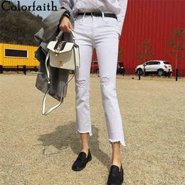 Colorfaith New Women Summer Autumn Jeans Casual High Waist Trousers Ripped Denim Fashionable White Ankle-Length Pants J3098 210413