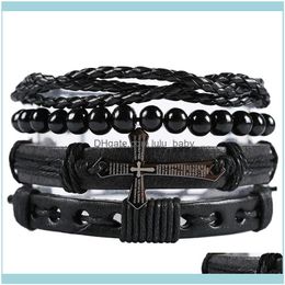 Beaded Jewelrybeaded Strands Fashion 4Pcs/Set Of Cross Genuine Leather Mens Woven Winding Handmade Bracelets Ladies Wholesale Jewelry Gift