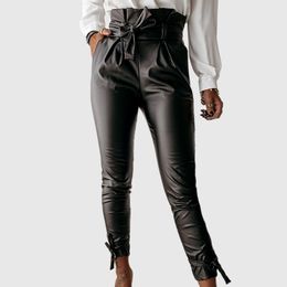 Women Black Faux Leather PU Pencil Pants High Waist Belt Sashes Pockets Zipper Office Ladies Solid Female Slim Sexy Trousers 210416