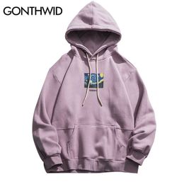 GONTHWID Van Gogh Starry Night Print Fleece Hoodies Sweatshirts Streetwear Men Hip Hop Pullover Hooded Tops Male Harajuku Jumper 210707