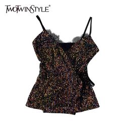 Sexy Slim Patchwork Sequin Vests For Women V Neck Sleeveless Lace Up Bowknot Camis Female Summer Fashion Style 210524