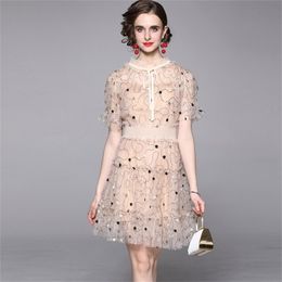 Fashion Embroidery Sequined Mesh Dress Robe Elastic Waist Female Vintage Puff Sleeve Casual Slim Vestidos 210519