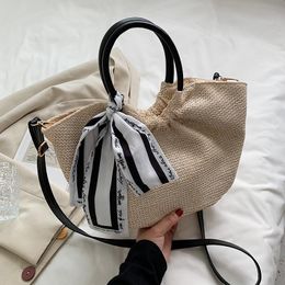 Evening Bags Hand-woven Women's Crossbody Shoulder Handbag Totes With Silk Scarf Bohemian 2021 Straw Beach Weaving Bag Short Handle