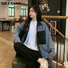 Autumn Korean Ins Vintage Patchwork Long Sleeve Denim Coat Female Turn-down Collar Single Breasted Loose Jackets Ladies 210423