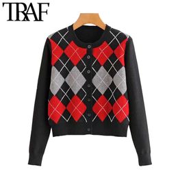 TRAF Women Fashion Geometric Pattern Cropped Knitted Cardigan Sweater Vintage O Neck Long Sleeve Female Outerwear Chic Tops 210415