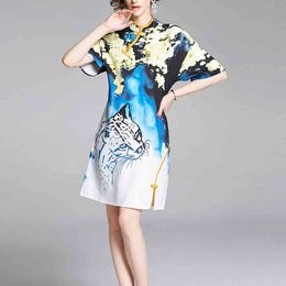 Women Leopard Print Short Sleeve Mini Dress Summer A-line Mandarin Collar Zipper D2567 210514